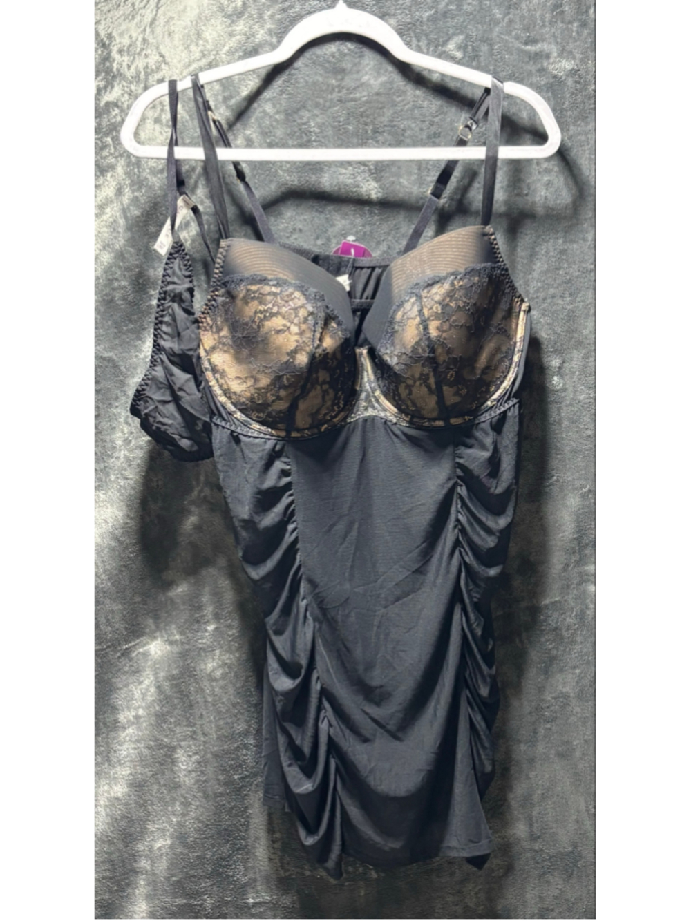 Cacique Lace Mesh Babydoll Chemise G-String Set NWT Size 22/24 18/20 Black Nude